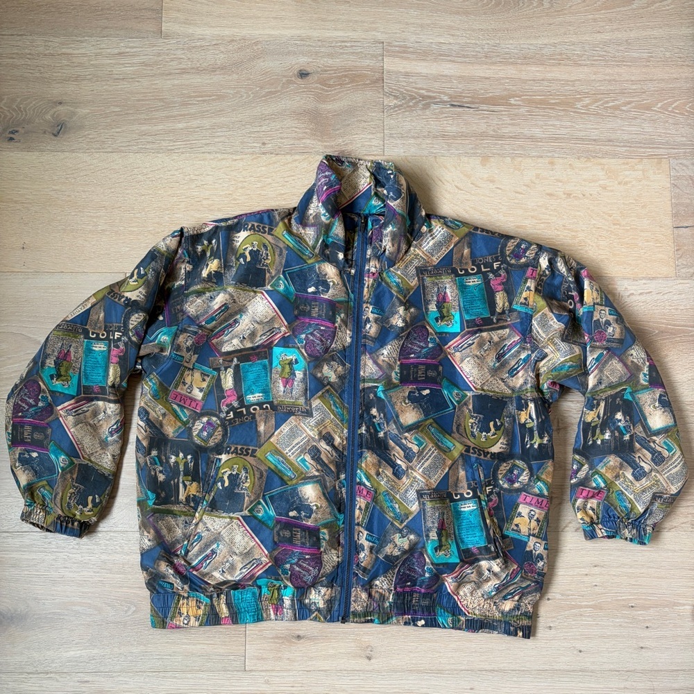 Vintage 90s MURELI Golf Times Print Windbreaker Jacket Full Zip Men’s L Silk*G11